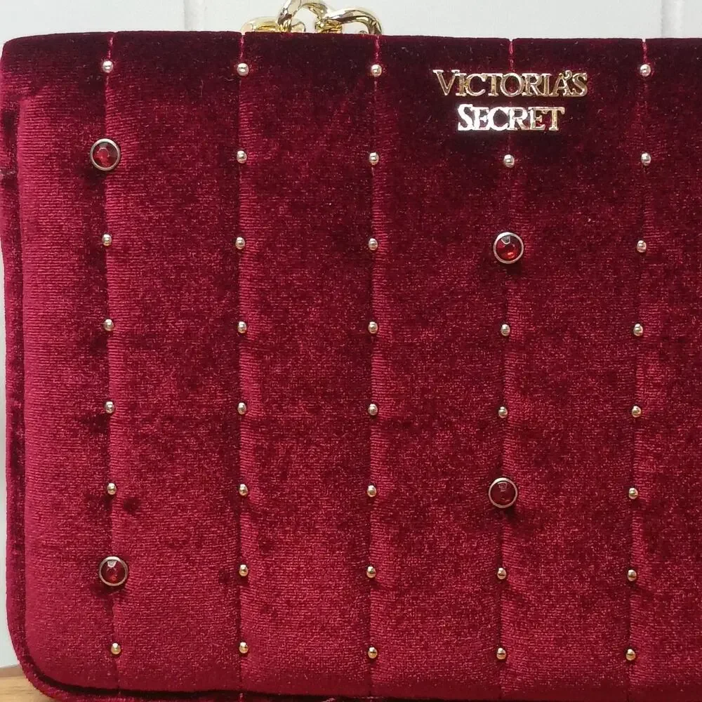 Victoria’s Secret Velvet Bond Street Shoulder Bag Cranberry Gold tone Chain Stud